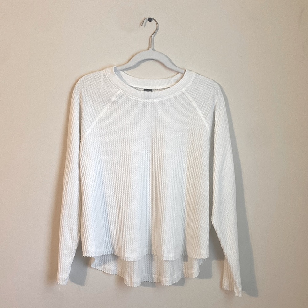 White waffle-knit oversize long sleeve top